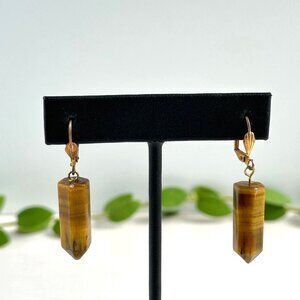 Vintage 1970s Tiger's Eye Earrings, Brass Leverback Dangles, Natural Stone Point
